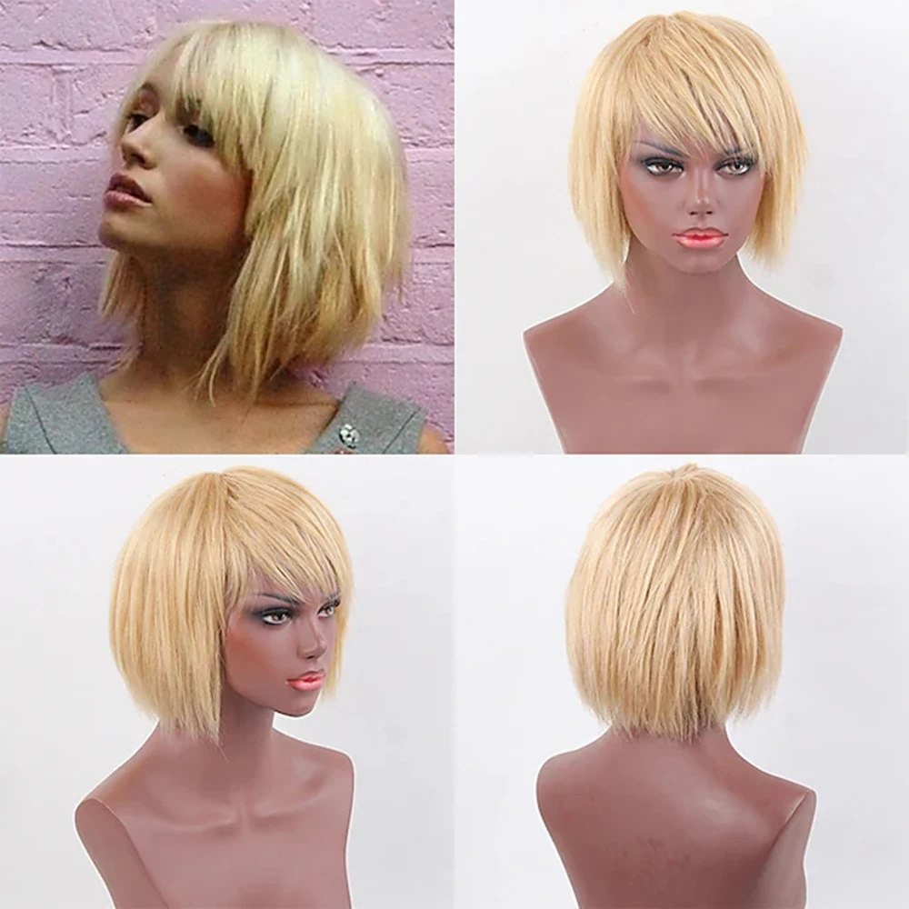 Human Hair Wig Short Straight Blonde Bob Hairstyles Straight With Bangs Capless Women's Wigs 10 inch