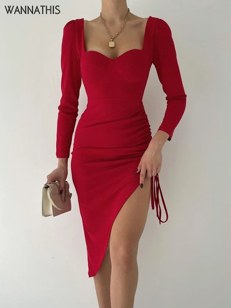 

WannaThis Party Dresses For Women Shirring Asymmetrical Square Collar Elegant Long Sleeve Autumn 2021 Chic Clubwear Sexy Dress