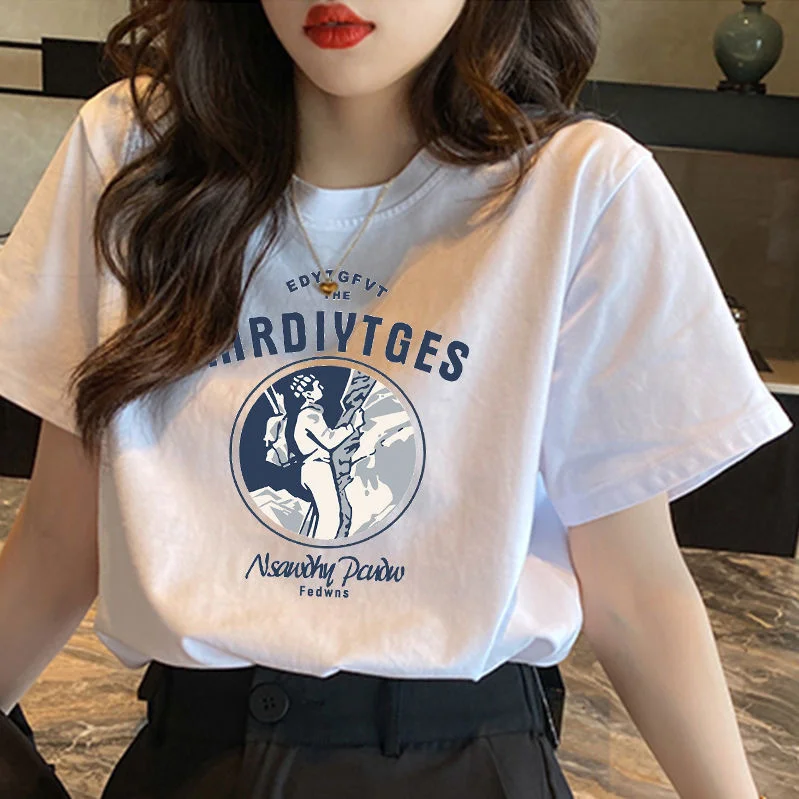 

100% Cotton White Short Sleeve T-shirt Korean Loose Round Neck Printed Boudoir Summer Women's Top