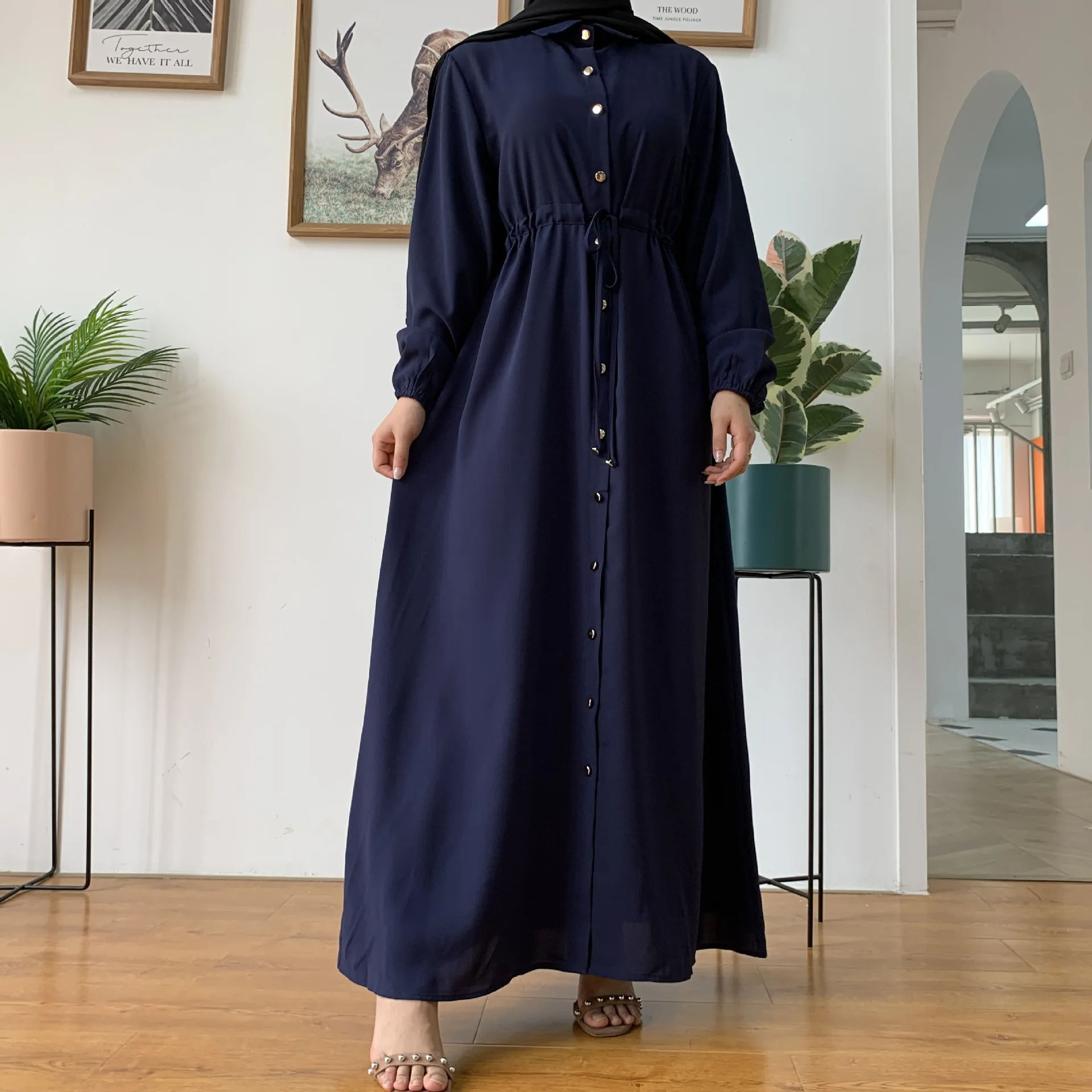 

Single breasted shirt-style pure color simple opened Muslim abaya peignoir fashion dubai islamic abayas prayer service clothing