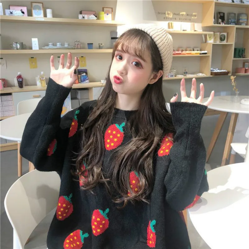 

New Autumn and Winter Women's Korean Style Loose Lazy Strawberry Net Red Pullover Sweater Sweater Coat