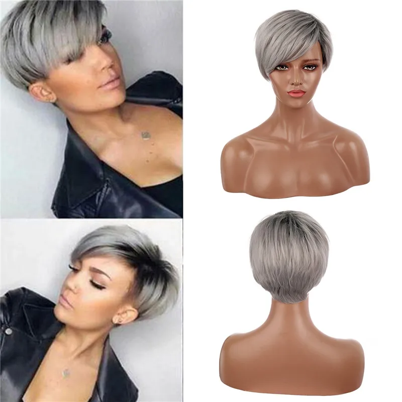 

Short Silver Straight Wig Synthetic Wig With Side Part Bang Heat Resistant Fiber For Women Daily Party USe Nature Looking Wig