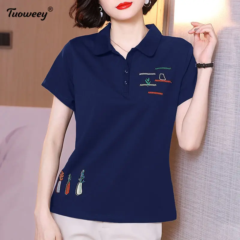 

Хлопковая футболка Женская свободная и для мамы Женская 2021 Новая летняя футболка поло с вышивкой Женские топы с коротким рукавом