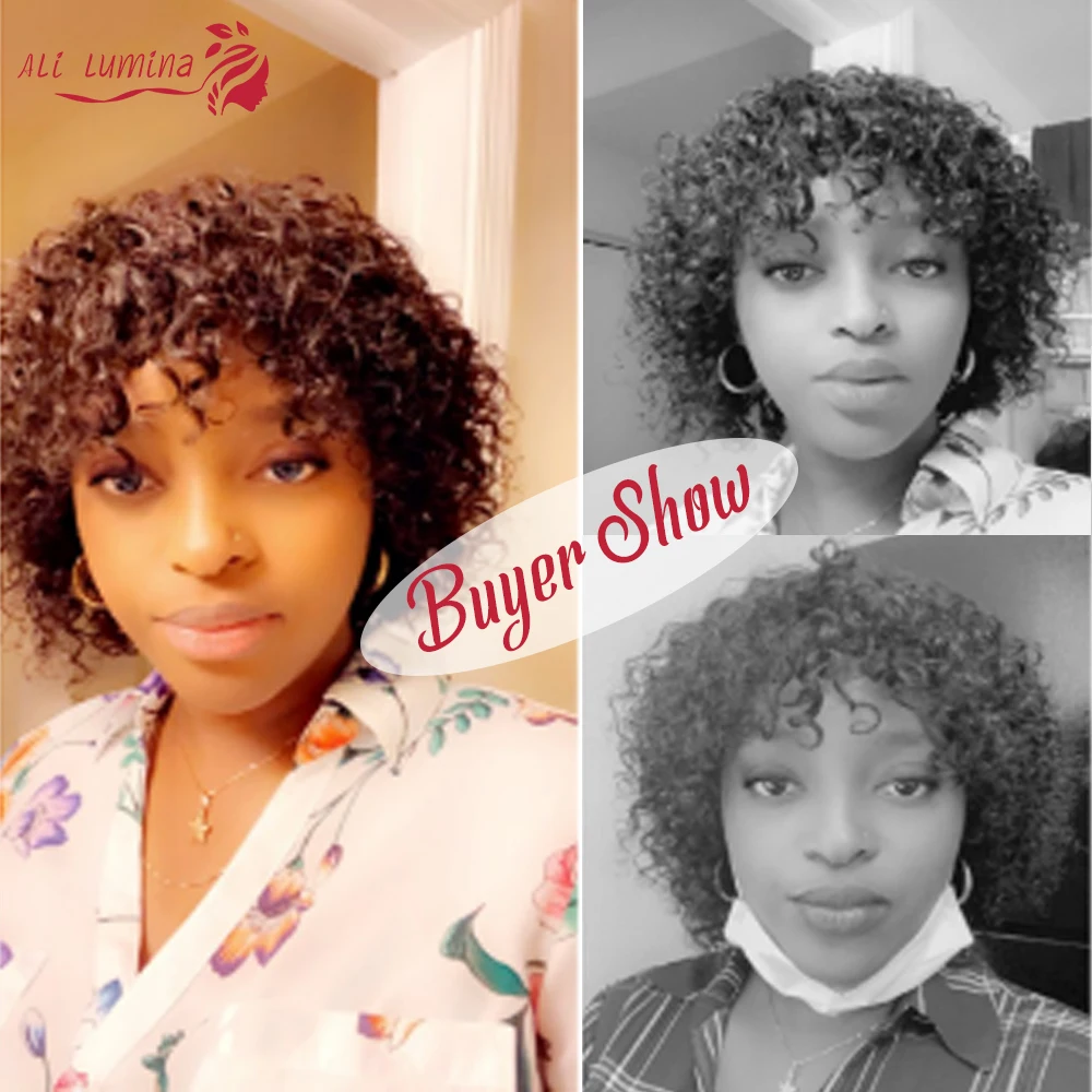 

Mongolian Afro Kinky Curly Wig Full Machine Wigs Natural Pre Plucked 180% Human Hair Wigs For Black Women with Bangs Remy Wigs
