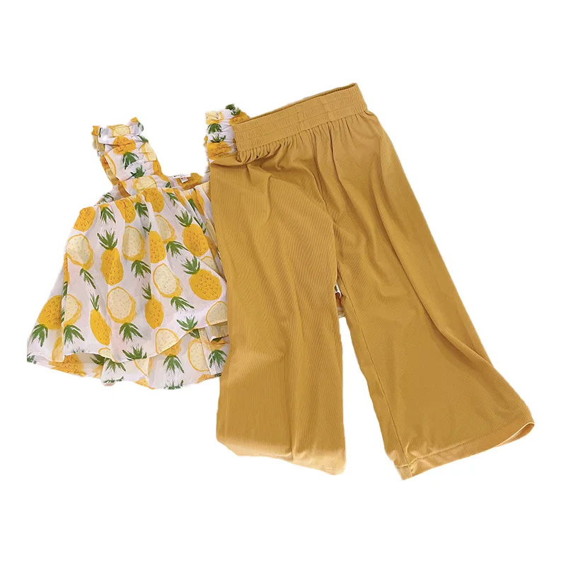 

Girls' set summer net red temperament two piece set children's cool suspender top Wide Leg Pants Set 3-12
