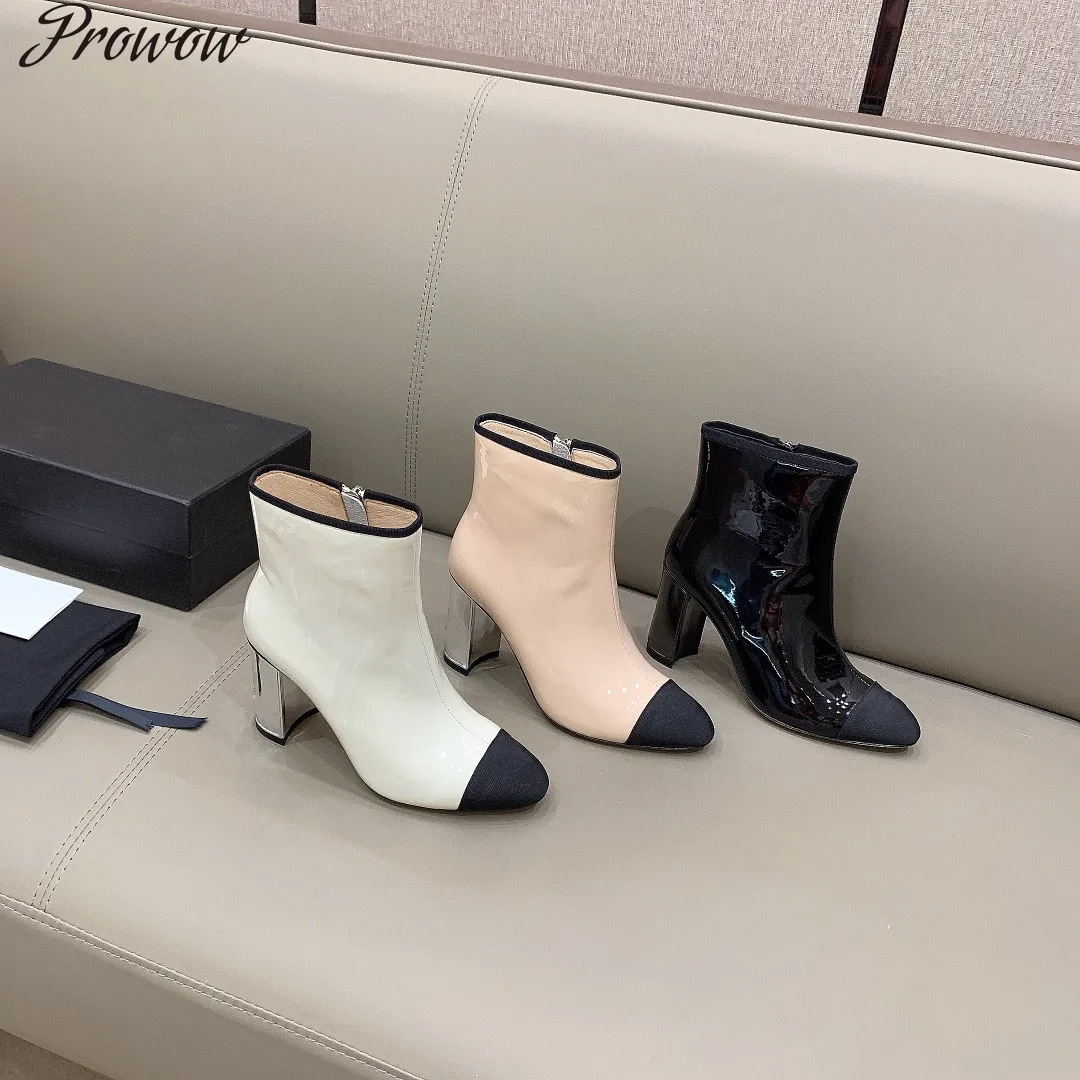 

Prowow Women Ankle Boots New Spring Winter Ladies High Heels Short Boots Patent Leather Zipper Female Shoes