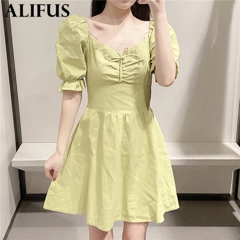 

Fashion Women Dress 2020 Stylish Vintage Solid Chic V Collar Short Sleeve Casual Loose Dresses Female Ladies Vestidos