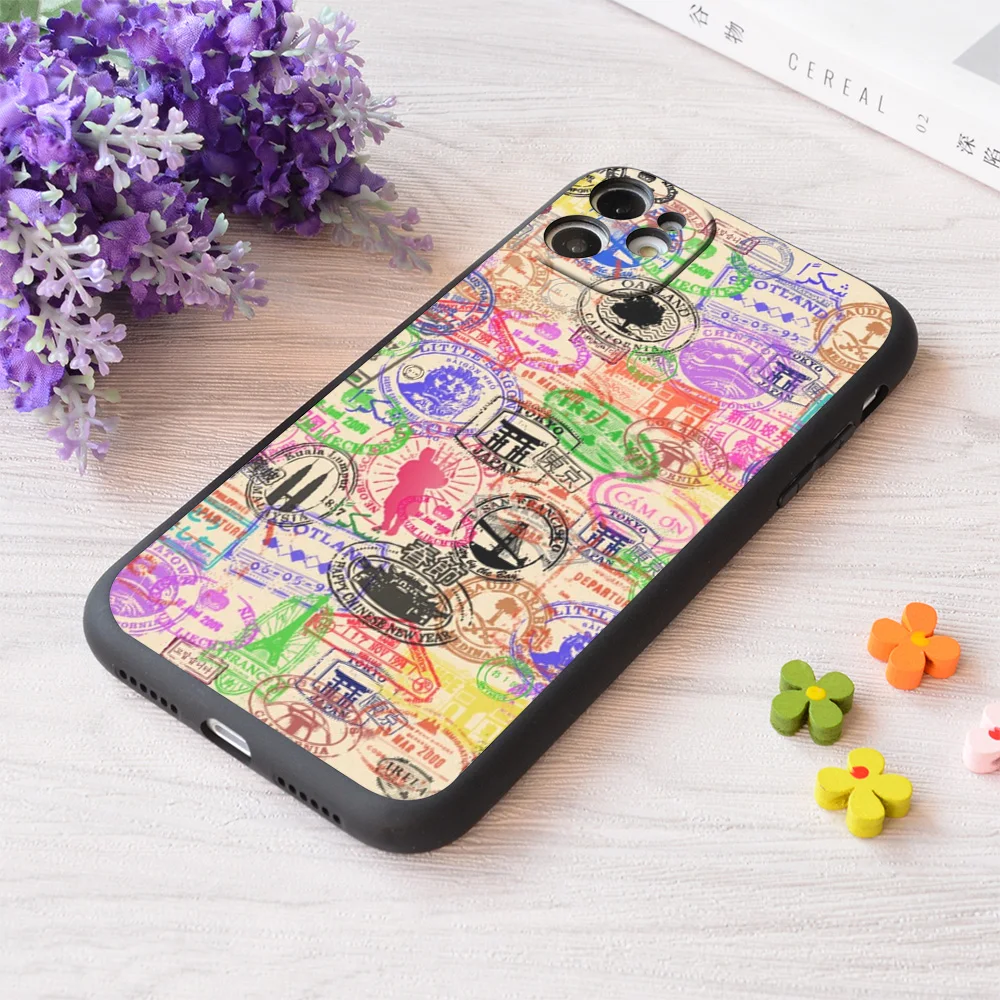 

For iPhone Vintage Passport Stamps Print Soft Matt Apple Case