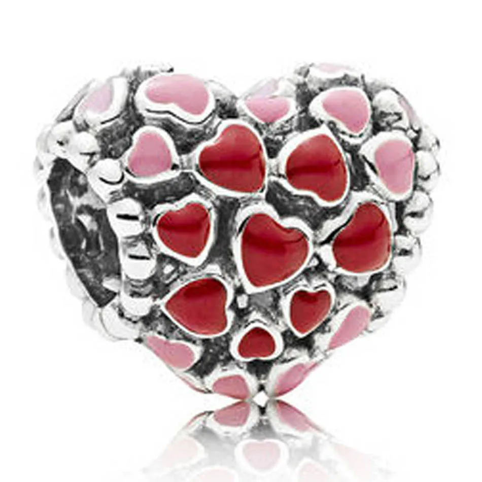 

Genuine 925 Sterling Silver Charm Openwork Pink & Red Enamel Burst Of Love Heart Beads Fit Women pandora Bracelet & Necklace Di