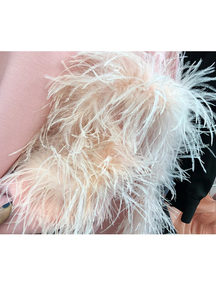 

Free shipping Heavy craft stitching feather decoration round neck pullover sweater ladies autumn new fashion all-match top
