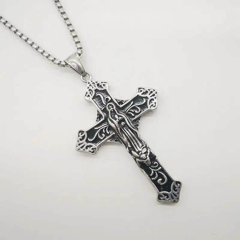 

Винтажное серебряное ожерелье с крестом Богородицы из нержавеющей стали, религиозный христианский двусторонний молитвенный крест, ожерел...