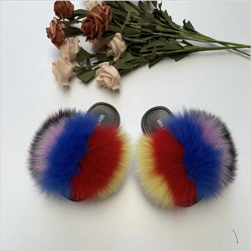 

Baby Non-slip Fluffy Fur Sandals Fashion Fox Fur Slides Children's Indoor Home Furry Fur Slippers Girls Plush Flat Fur Shoes