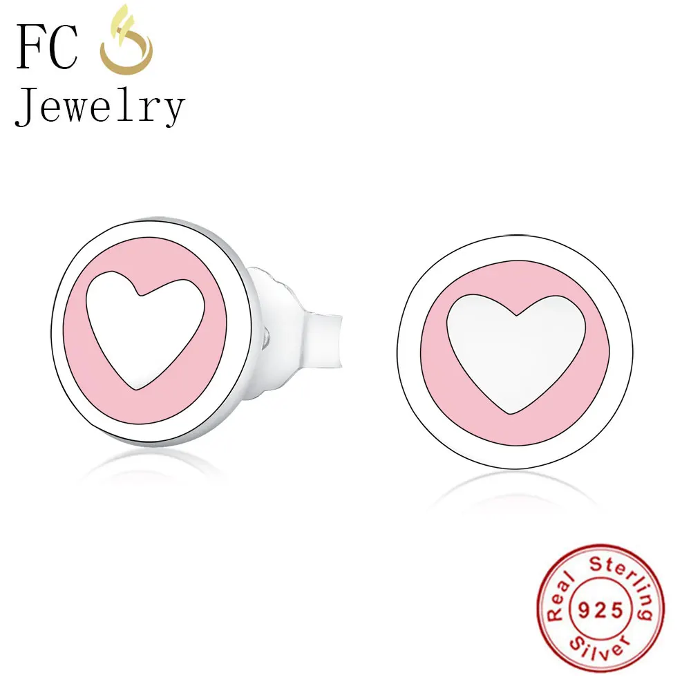 

FC Jewelry 925 Sterling Silver Cute Korean Minimalist Pink Enamel Love Heart Stud Earrings For Women Girl Female Brincos 2018