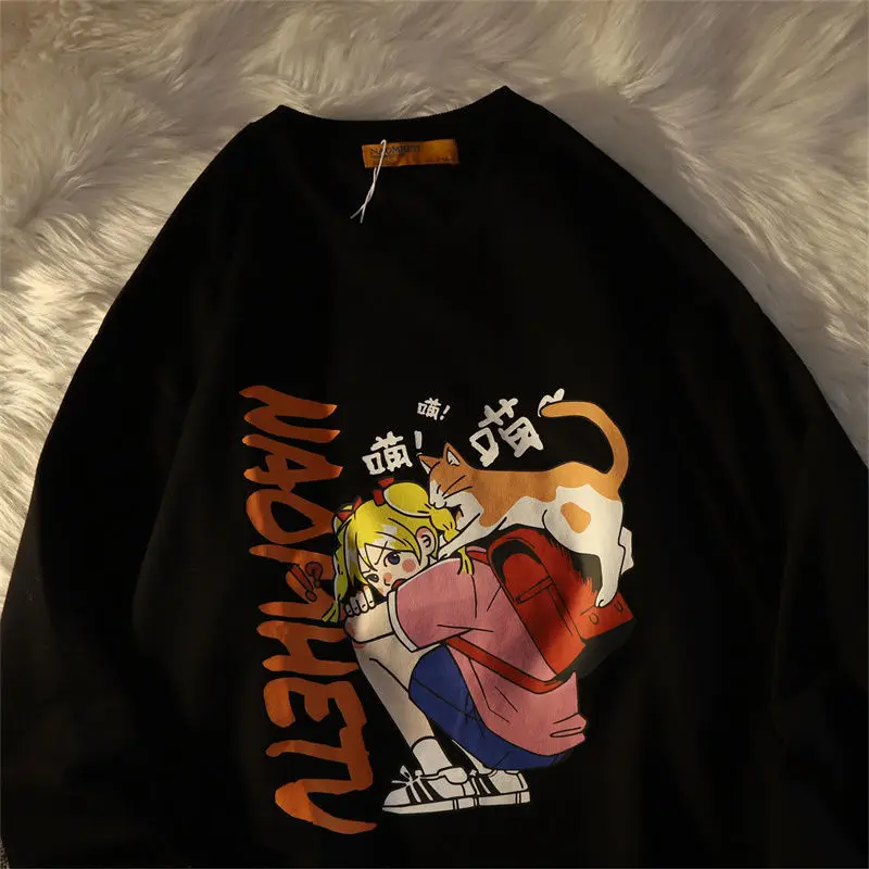 

Harajuku Japanese Fashion Cartoon Girls Cats Kanji Print Sweatshirt Women Long Sleeve Tops Kawaii Teens Clothes Casual 2021 New