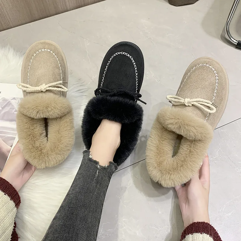 

Moccasin Shoes Round Toe 2021 Fashion Women's All-Match Loafers Fur Casual Female Sneakers Slip-on Moccasins Modis New Winter Sl