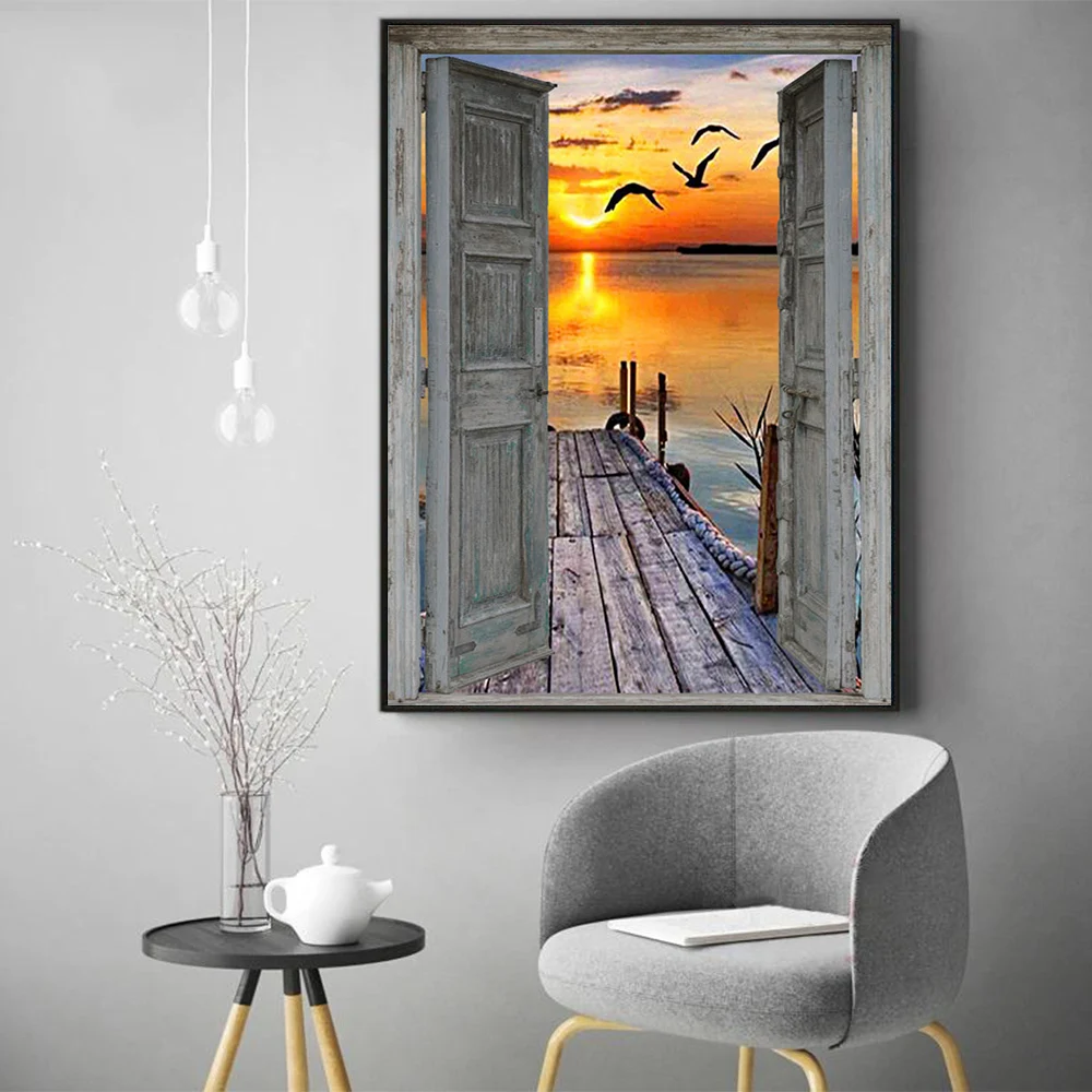EverShine Diamond Embroidery Door 5D Cross Stitch Set Mosaic Sunset Landscape Painting Picture Rhinestone Home Decor |