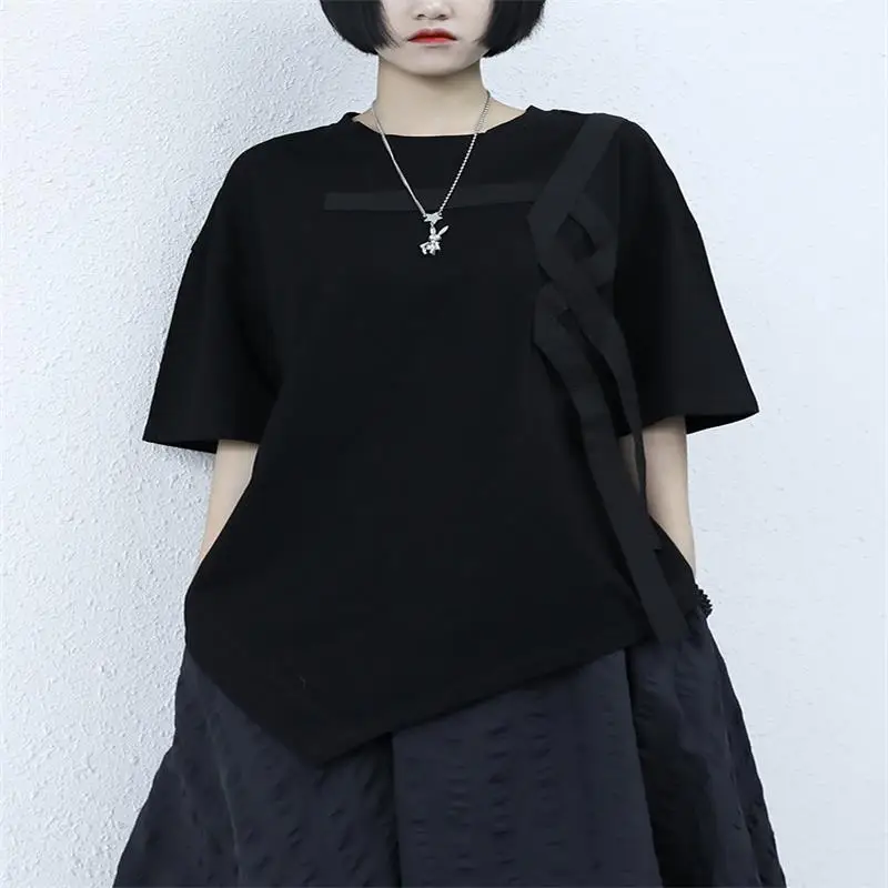 

Summer 2021 new niche design ribbon splicing irregular loose round neck short sleeve T-shirt women's top