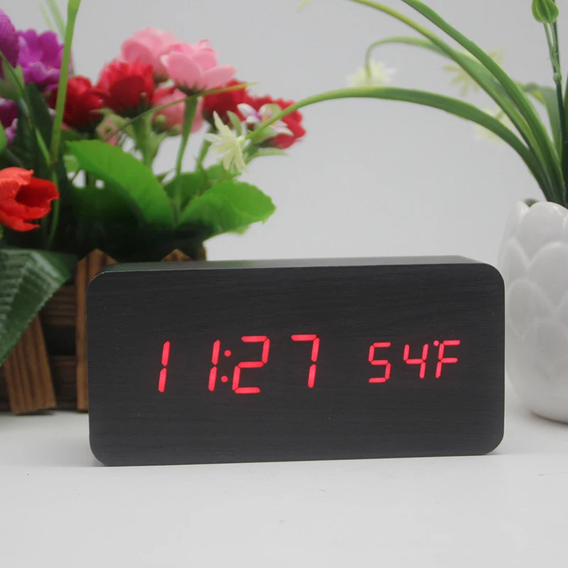 D2 Alarm Clock Digital LED Wooden Watch Table Voice Control Wood Despertador Snooze Time Temperature Display Desktop Clocks Gift
