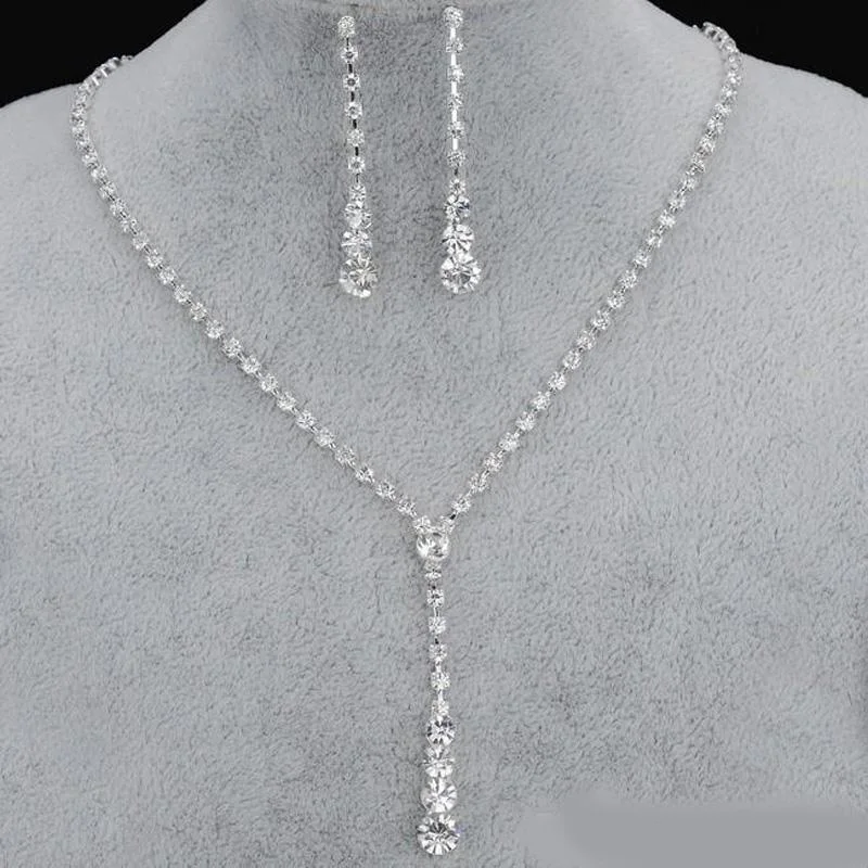 

Bling Crystal Bridal Jewelry Set Silver Plated Necklace Diamond Earrings Wedding Jewelry Sets For Bridesmaids Women Accessories