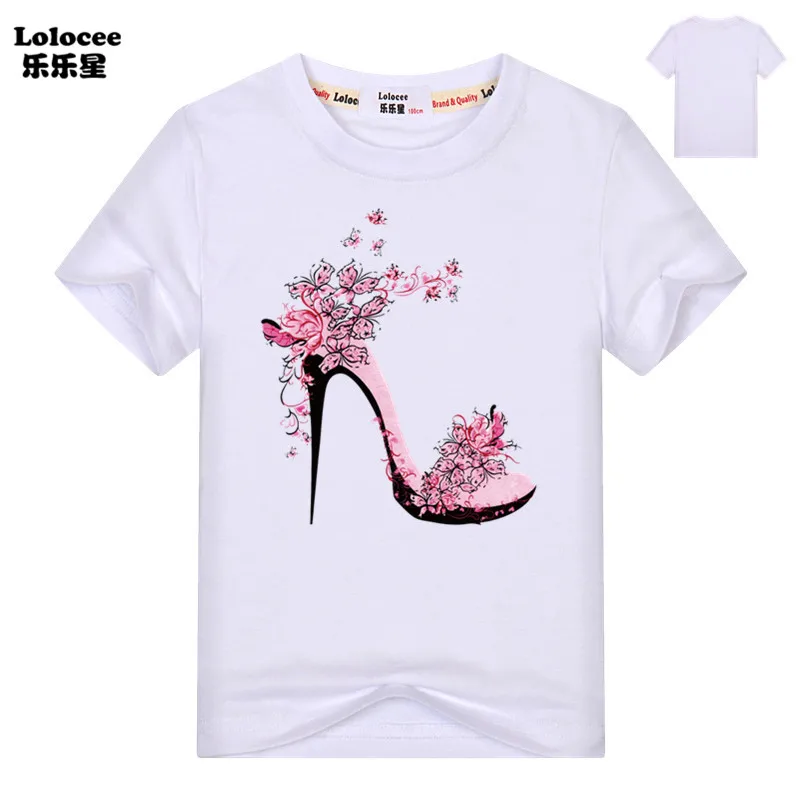 

Girls t-shirt Solid Cotton Short Sleeve High Heels Printed Tops Beach Fashion T-shirts For Kids Holiday Tees