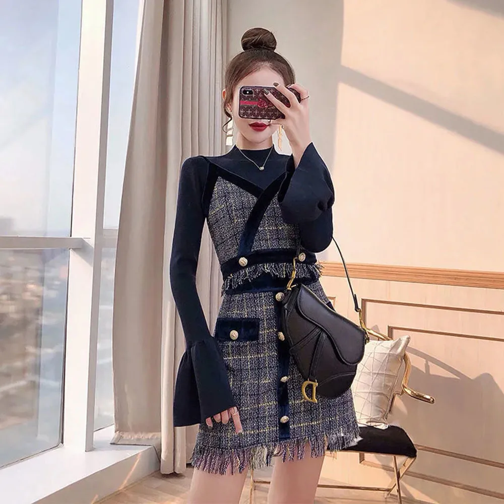 

Fashion Sexy Club Suit New Plaid Tweed 3 Piece Set Women Woolen V-Neck Tank Top Tassel Buttons Skirt Speaker Sleeve Sweater Top