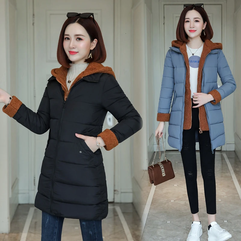 

Fleece Hooded Women Winter Coat Yellow Brown Black Puffer Slim Hollow Cotton Padded Warm Parka Medium Long Female Windbreaker