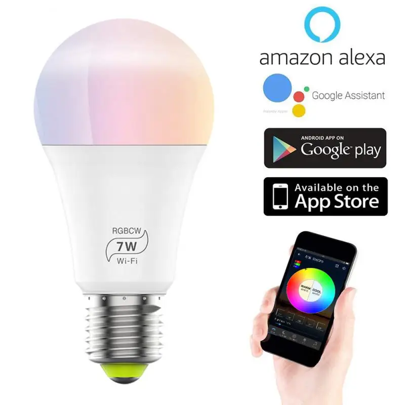 Умная лампа E27 с Wi-Fi светодиодная RGB приложением Alexa/Google Home и дистанционным