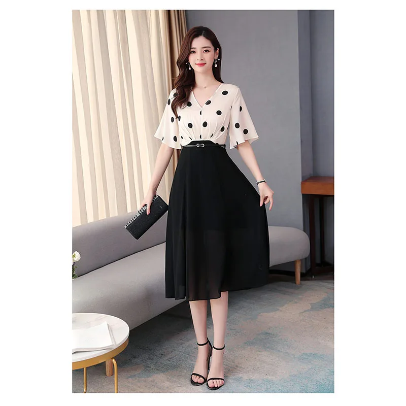 

Mid-length Vestidos summer new chiffon fake two pieces splice to receive waist temperament bat sleeve V-neck fashion dress D296