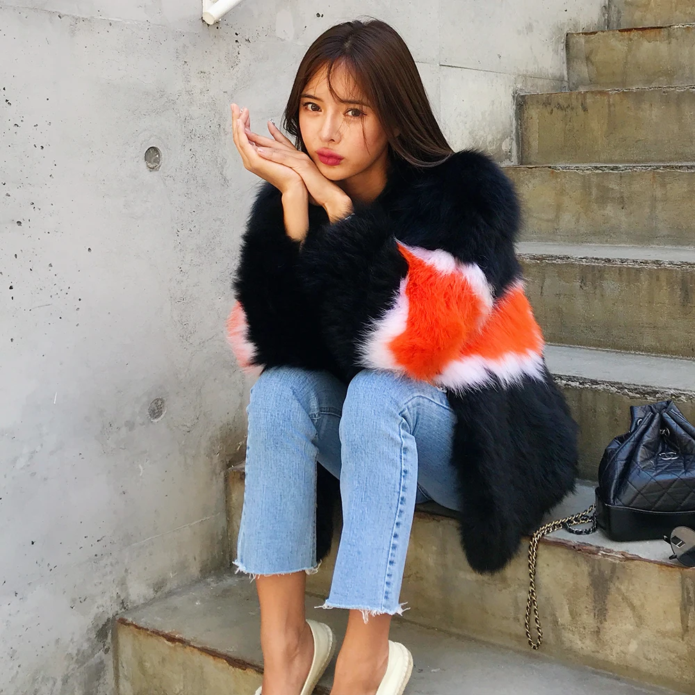 Женское пальто из лисьего меха черная куртка в Корейском стиле длинное на осень и
