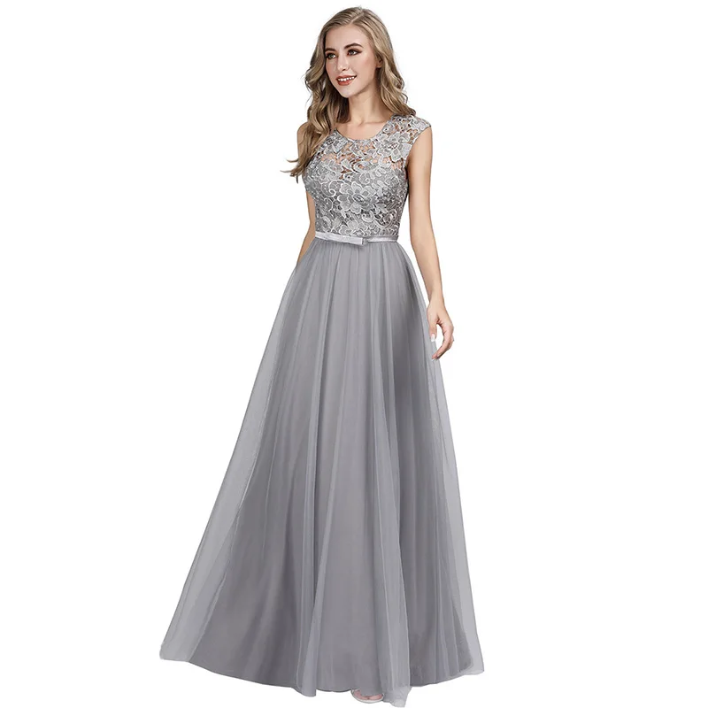 

Formal Evening Dresses Sexy Lace Top Women Party Gowns R186 O-Neck Sleeveless Robe De Soiree A-Line Long Elegant Vestidos 2020