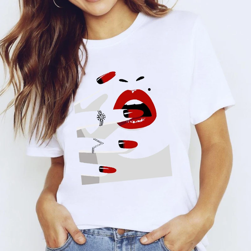 

Summer women's street loose T-shirt 3D Make Up Lip Trend Fingernail Nail Art Clothing Print Lady Graphic Ladies Female Tee Tops