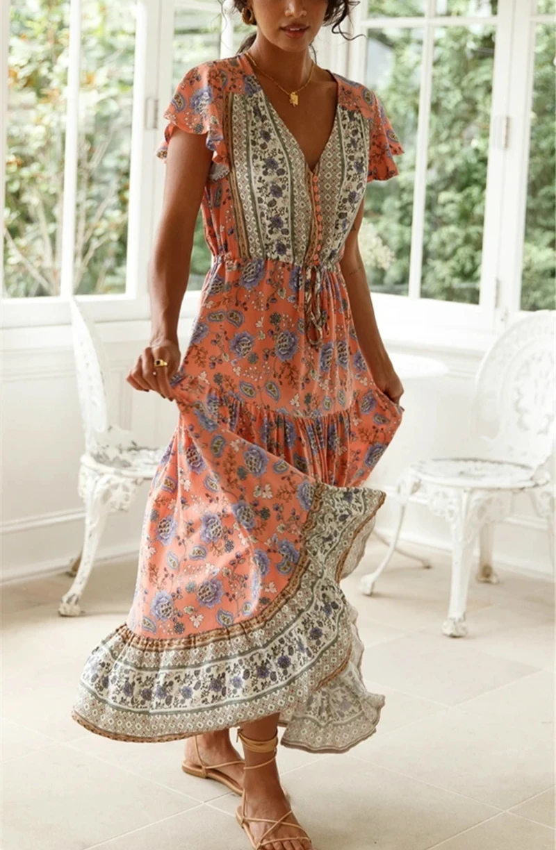 

Женское сексуальное с v-образным вырезом высокого Разделение длинное платье 2020 принт с расклешенными рукавами платье из богемского хлопка; ...