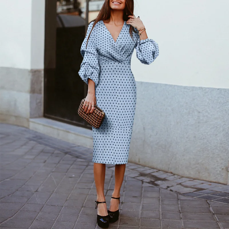 Женское платье миди с длинным рукавом-фонариком и v-образным вырезом, элегантные длинные церковные платья в горошек, элегантные вечерние облегающие платья
