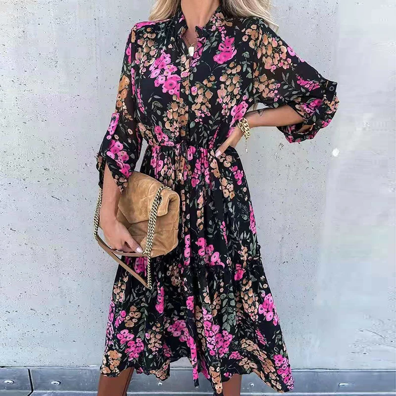 

Vintage Floral Print Button Autumn Shirt Dress Elegant V Neck Women Boho Ruffle Party Dress Casual Long Sleeve Loose Beach Dress