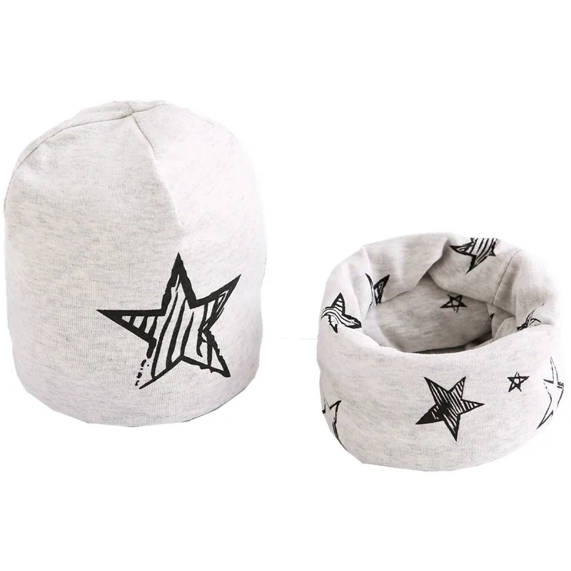 gray star Новинка, осенний комплект для девочек, шапка и шарф, детская шапка, шарф-воротник, зимняя шапка для девочек, шапка для мальчиков, хлопковый плюшевый Детский набор из шапки и шарфа - Цвет: gray star