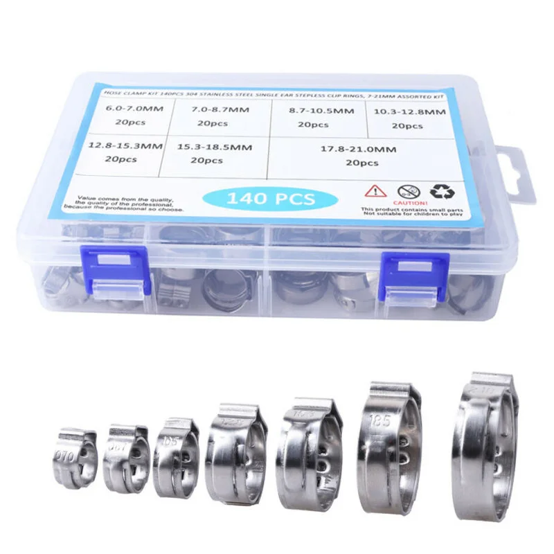 

140Pcs Hose Clamp 7-21mm 304 Stainless Steel Single Ear Stepless Kit Pipe