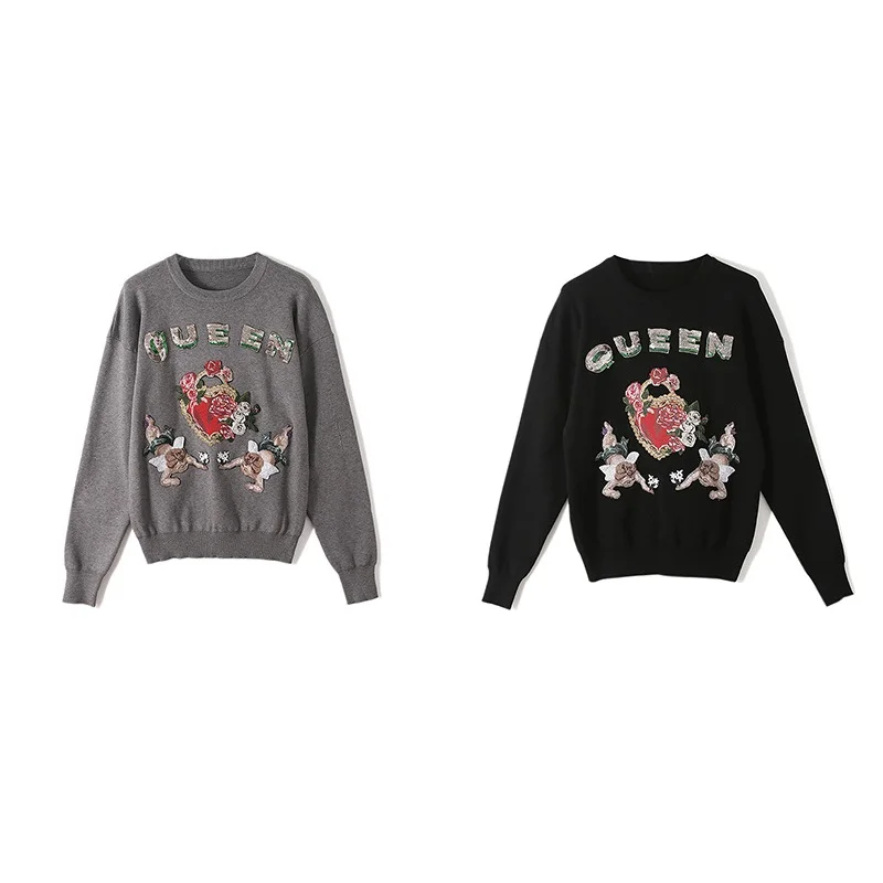 Женский свитер с круглым вырезом и длинными рукавами расшитый блестками пуловер