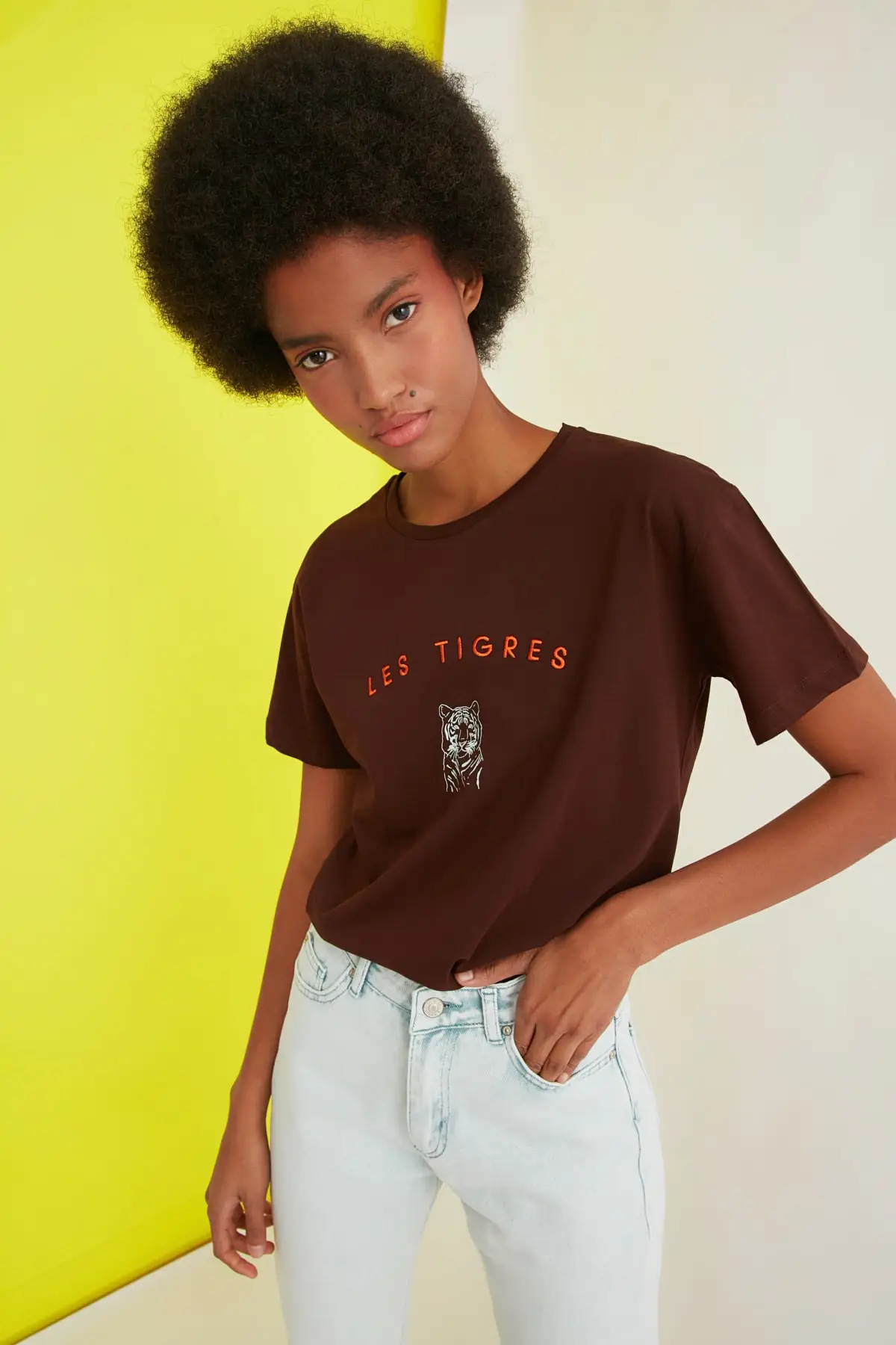 Укороченная трикотажная футболка с вышивкой Trendyol TWOSS20TS0312|Футболки| |