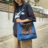 floral vintage denim shoulder bags women simple jeans blue handbag large capacity fashion womens tote messenger shopping bag