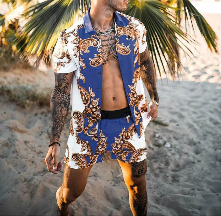Комплект Гавайский мужской с коротким рукавом модная повседневная Пляжная