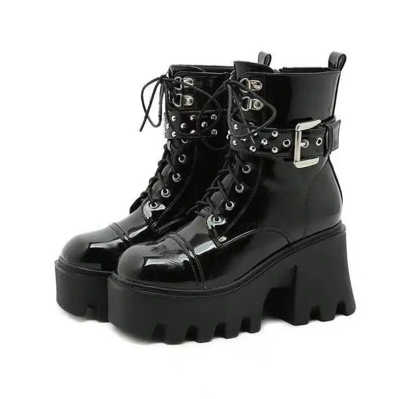 

CoolCept New Short Boots Women High Platform Buckle Rivets Ankle Boots Ladies Fashion Cool Shoes Woman Footwear Size 36-43
