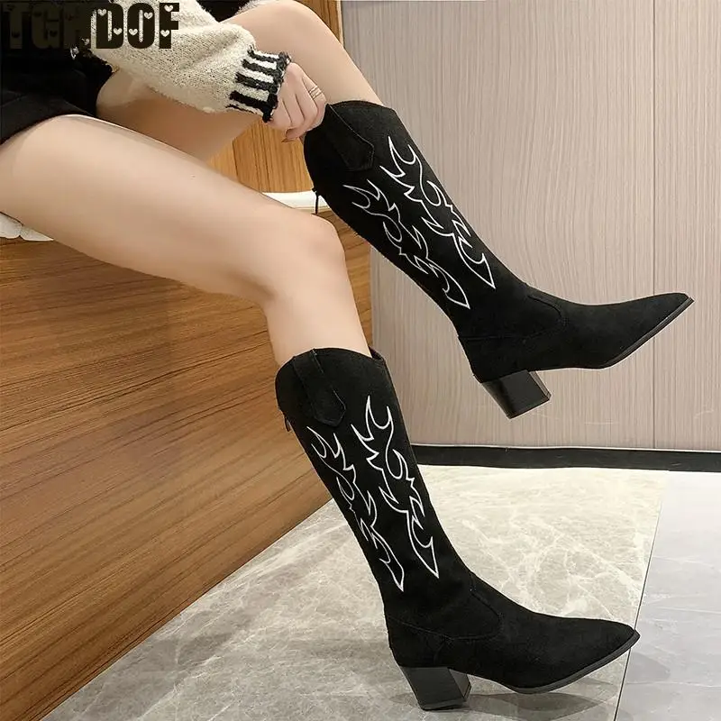 Женские ковбойские ботинки с острым носком и вышивкой 2021 повседневные длинные на