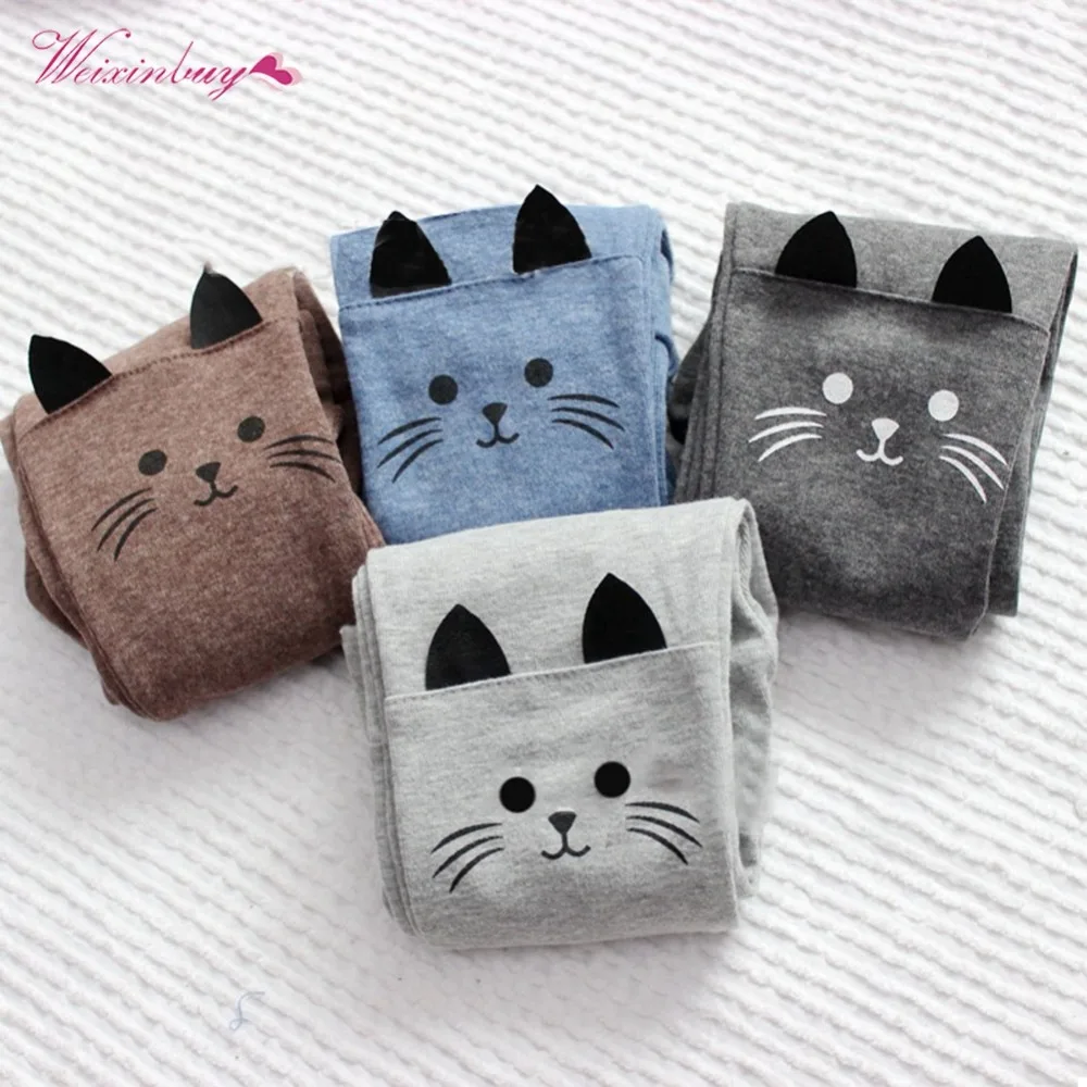 WEIXINBUY/Детские эластичные теплые леггинсы с милым принтом кота Облегающие брюки