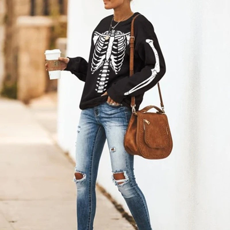 

2021 Fashion Street Skull Skeleton Print Sweatshirt Women Round Neck Long Sleeve Loose Top Pullover lady New Long Sleeve Hoodies