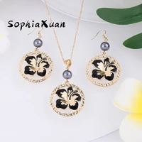 new design fashion hibiscus flowers jewelry set women dropship wholesale hawaiian polynesian gold plated necklaces earrings set