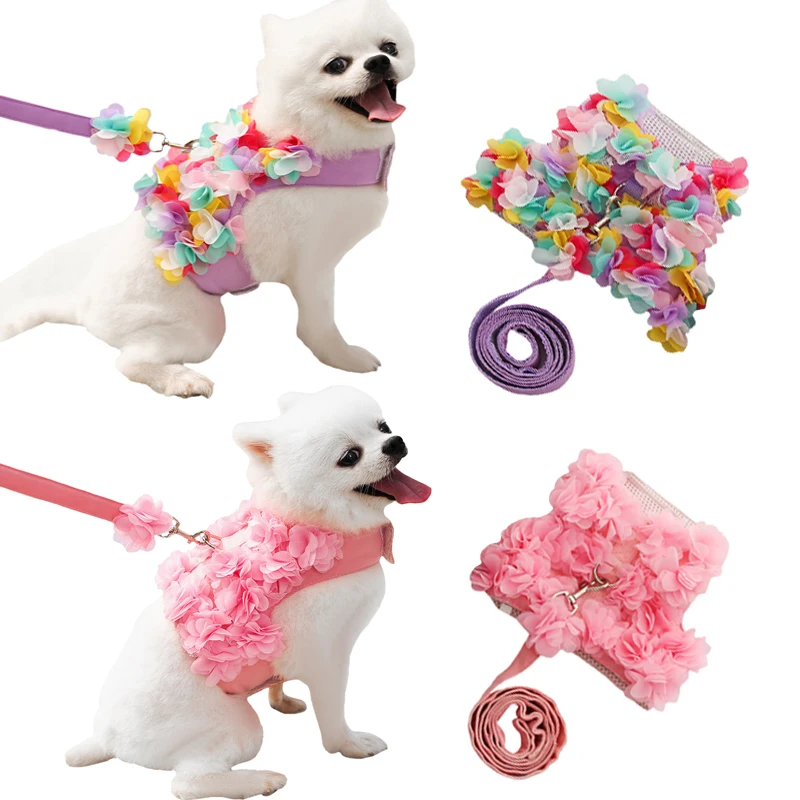 

Puppy Pet Harness Leash Set Small Dogs Harness Small Floral Dog Leash Rope Breathable Mesh Harnesses Vest Correa de gato perro