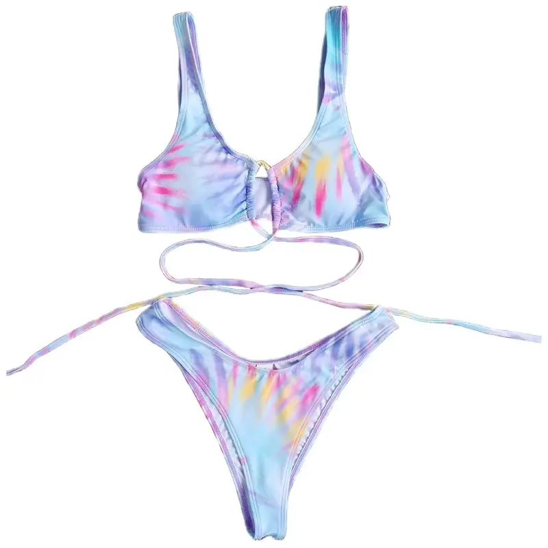

Women Sexy Bikini Set Rainbow Tie-Dye Swimsuit Hollow Cross Strappy Bathing Suit
