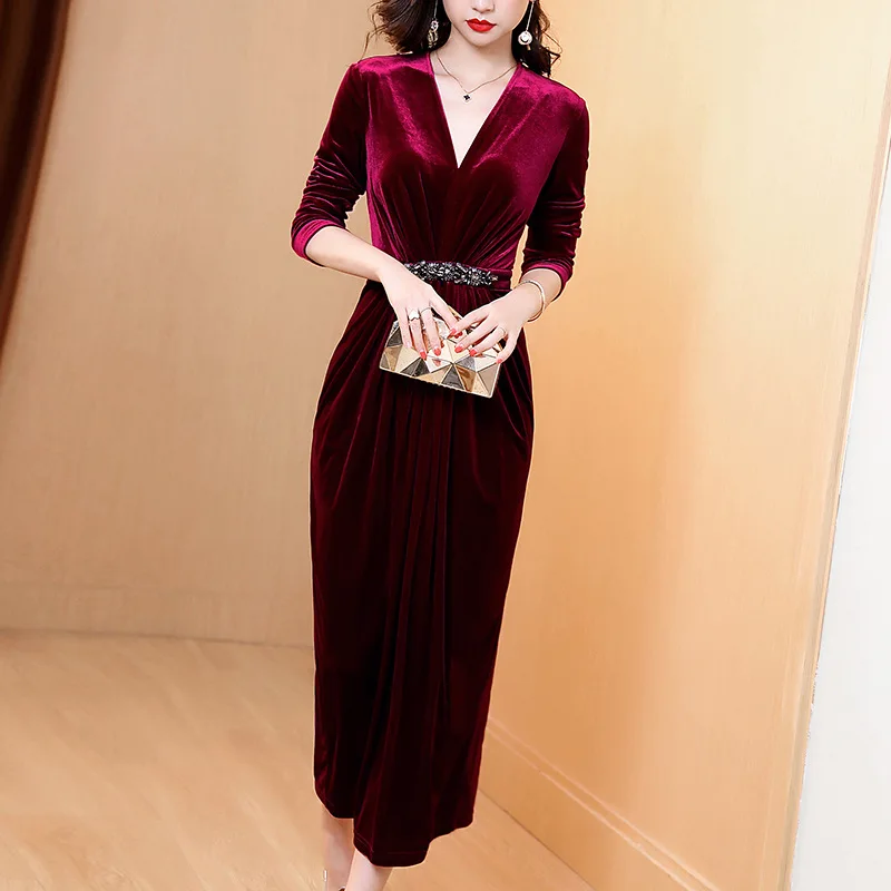 

Женское бархатное платье-Ципао, длинное платье для осени и зимы, 2021