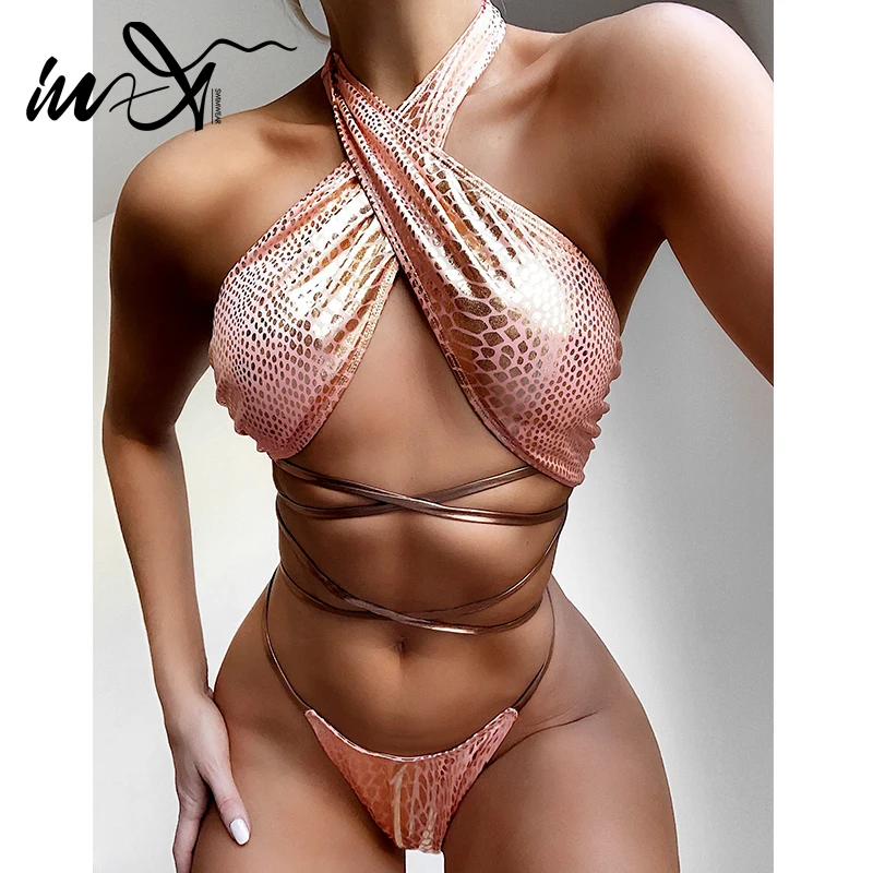 In X сексуальные розовые бикини со змеиным узором 2020 женский купальник с лямкой на