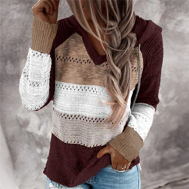 

Autumn Women Patchwork Hooded Sweater Long Sleeve V-neck Knitted Sweater Casual Striped Pullover Jumpers Female Hoodies